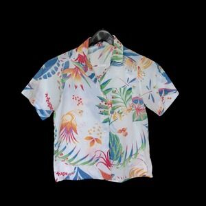 70's Tops Tropical‎ Bird Floral Print Camp Shirt Short Sleeve Small